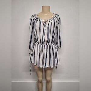 Elodie M Romper Elastic Neck &Waist Tie Sleeve Striped Spaghetti Strap